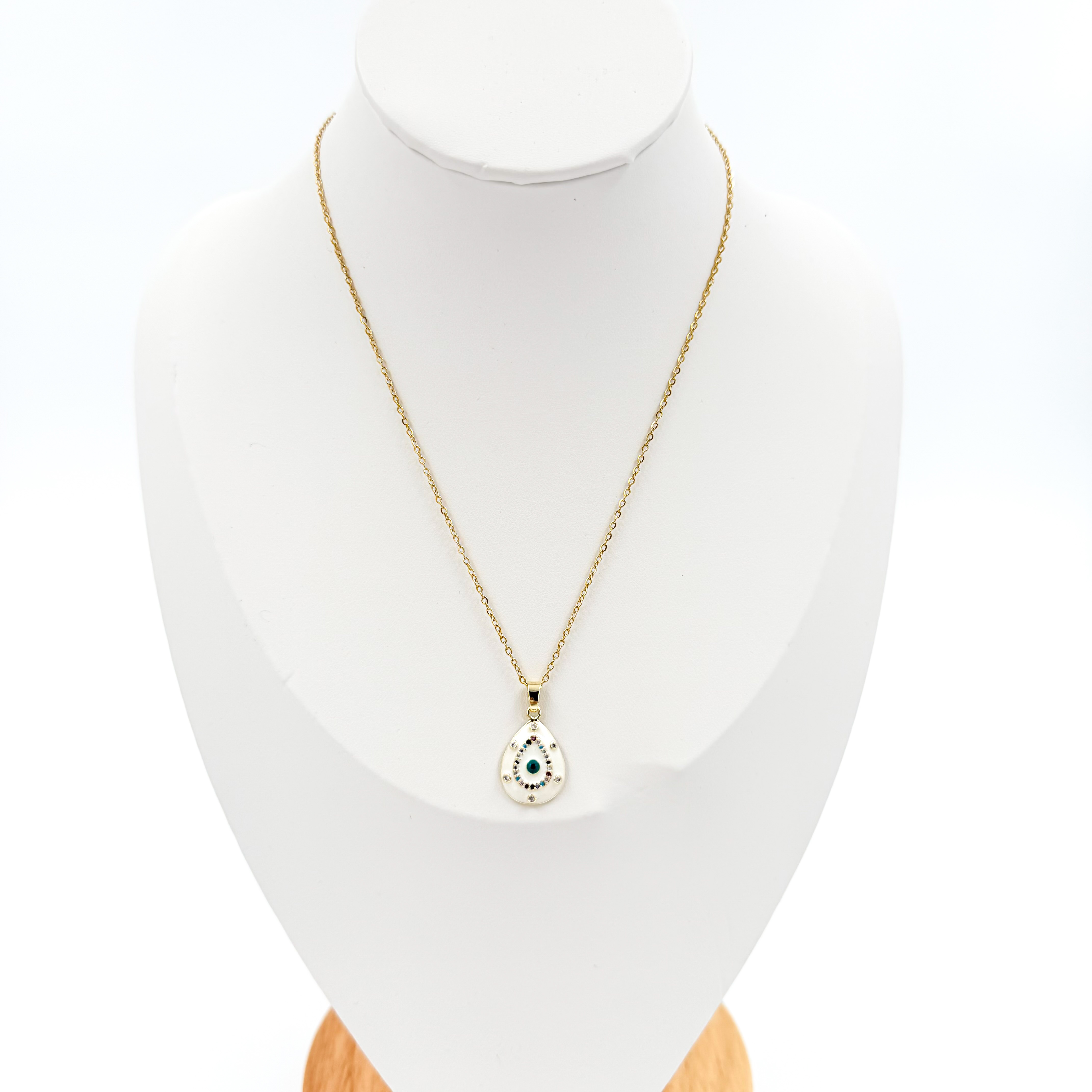 Κολιέ ατσάλινο χρυσό οβάλ αυγό λευκό με ματάκι και στρας